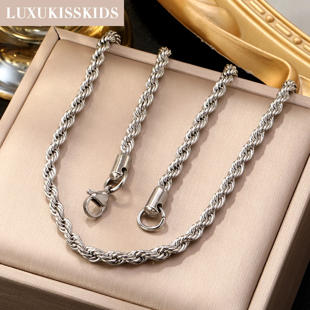 LUXUKISSKIDS 2-5MM Stainless Steel Twisted Rope Chains Necklace For Women Men Never Fade Waterproof Fashion Jewelry 18-24inches