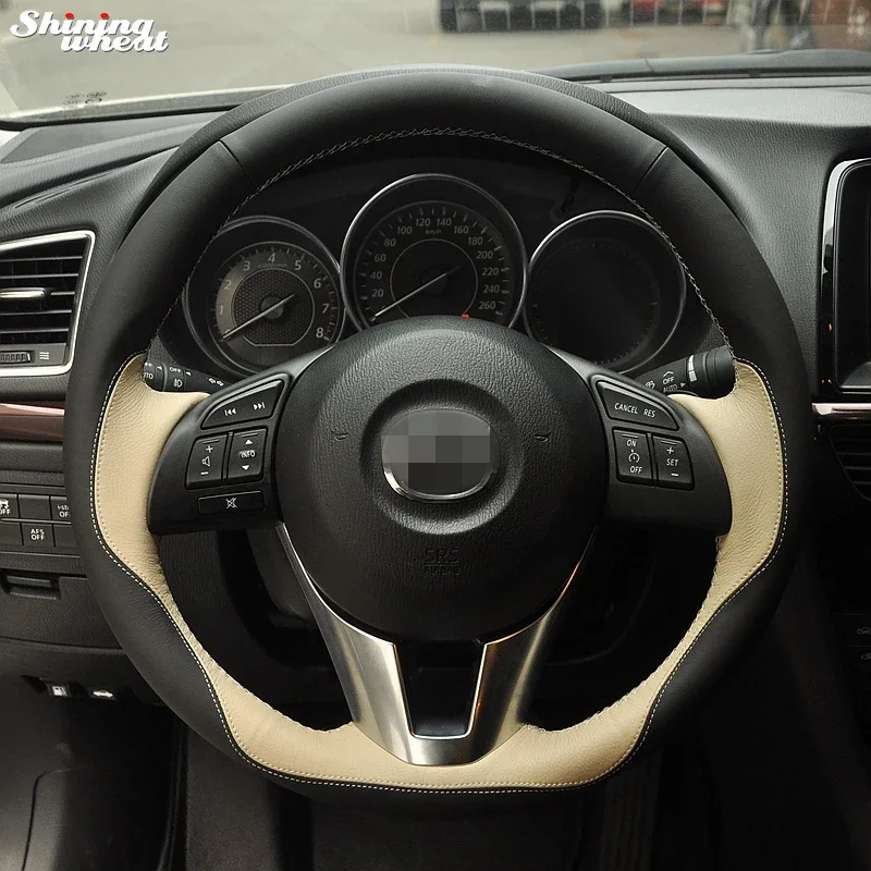 

Shining wheat Hand-stitched Black Beige Steering Wheel Cover for Mazda CX-5 CX5 Atenza 2014 New Mazda 3 CX-3 2016