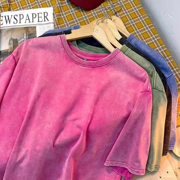 100% Katoenen Tops Tees Kwaliteit Oversized Zuur Gewassen T-shirt Mode Vintage Effen Kleur T-shirts Voor Unisex Hip Hop Streetwear