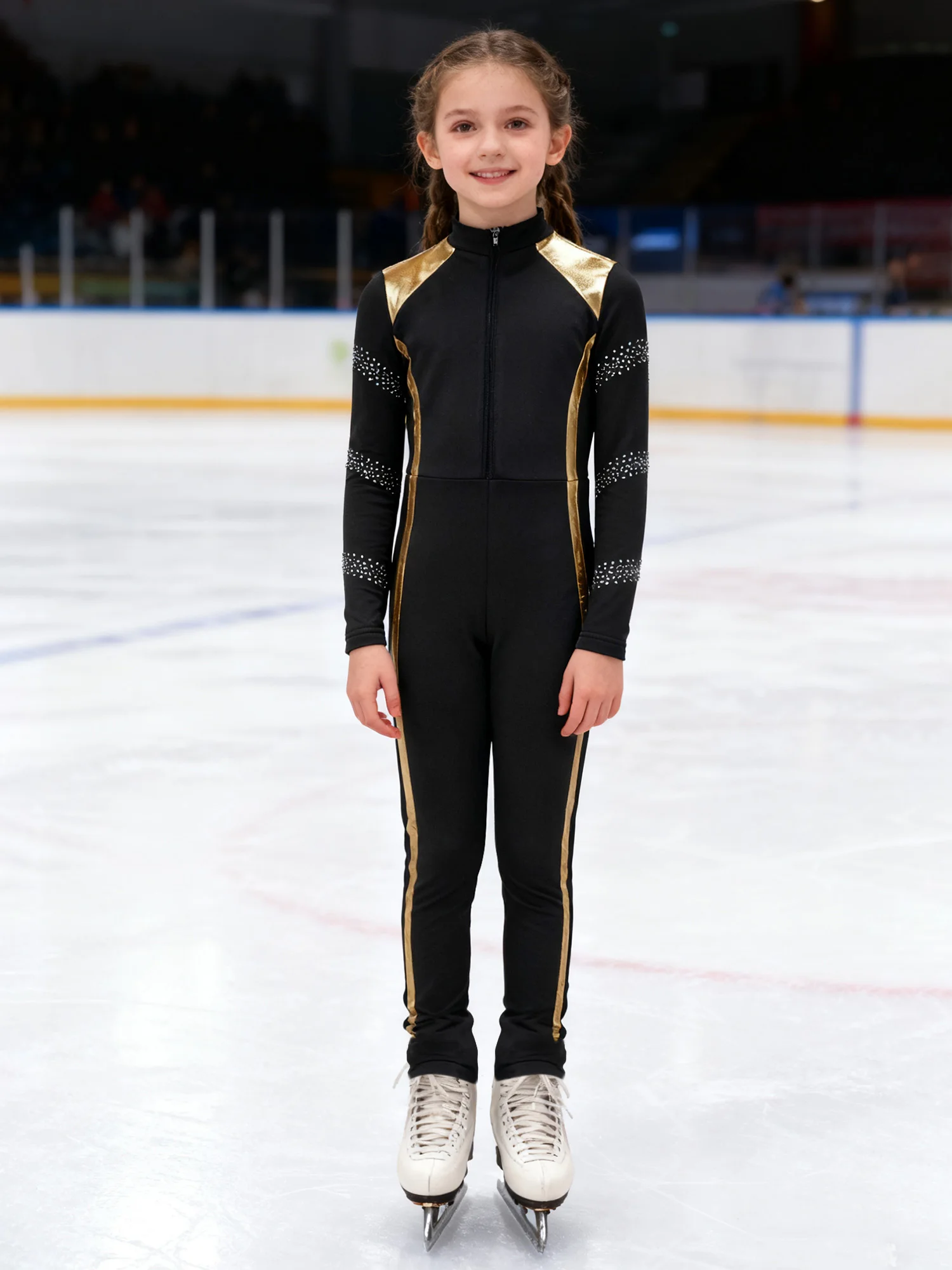 Kids Girls Rhinestones Figure Ice Skating Performance Costume Long Sleeve Zip-Up Jumpsuit Gymnastics Workout Training Bodysuit