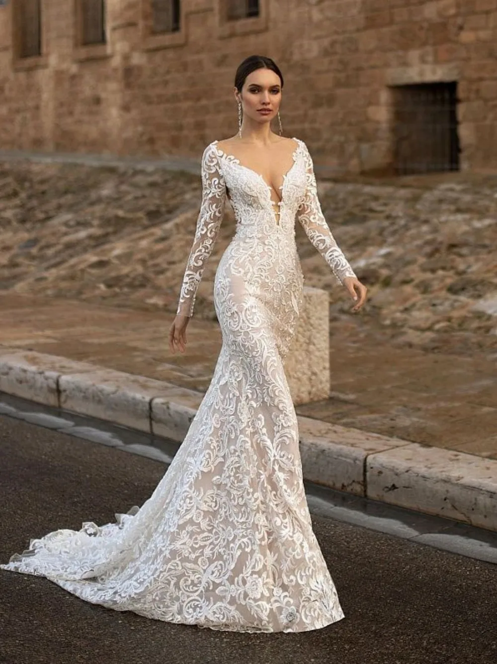 Boho Sheer o-collo sirena abito da sposa maniche lunghe Appliques pizzo aperto indietro spiaggia abito da sposa Vestidos De Novia