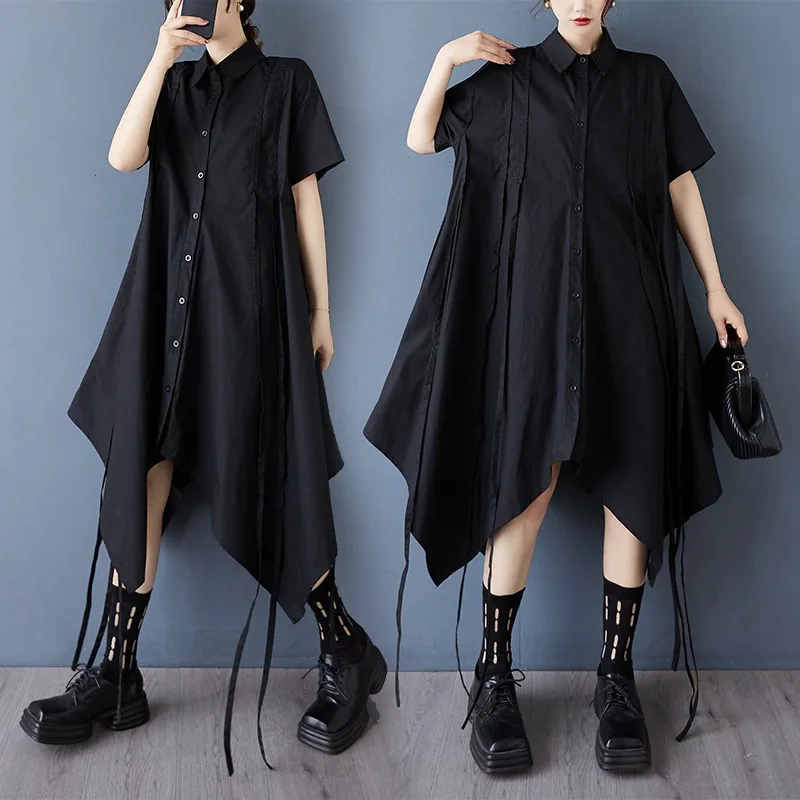 Small niche dark style summer drawstring design casual chic irregular shirt skirt fashionable casual dress