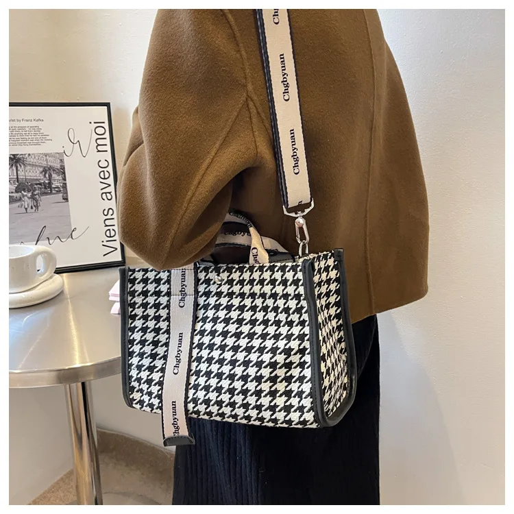 Fashion Houndstooth Tote Bag Women Canvas Small Handbags Casual Square Shoulder Bags Korean Style Female Summer Travel Handbags