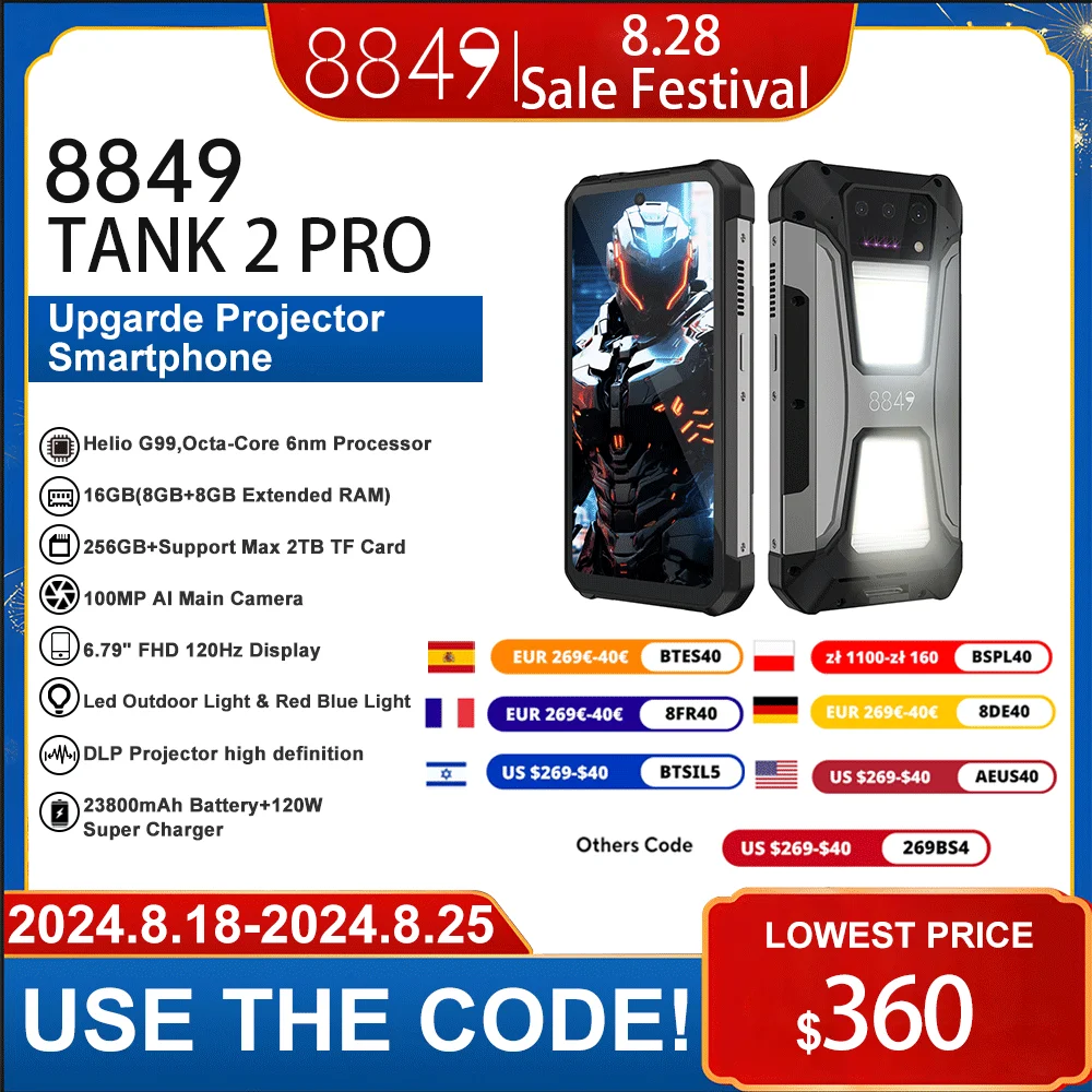 

8849 Tank 2 PRO with Projector 6.79" 2.4K Display 24GB 256GB 100MP Rear Camera 23800mAh 120W Android 14 Dual Sim NFC OTG Phone