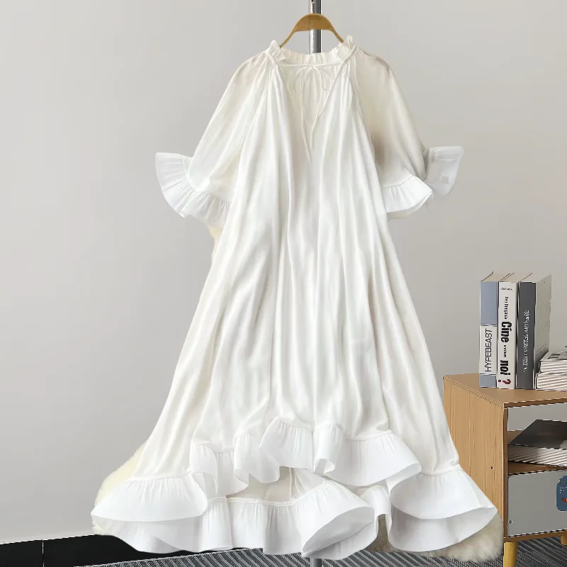 GVUW A Line Dress Women V Neck Flare Sleeve Loose Solid Color Lace-up A Line Fashion New 2024 Medium Long Dresses 17G7813