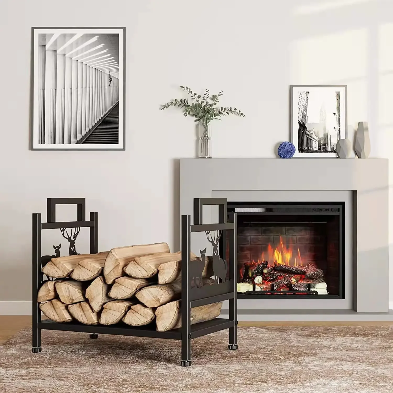 Metal Fireplace Tools Firewood Rack Easy Floor Removable Wood Rack Indoor and Outdoor