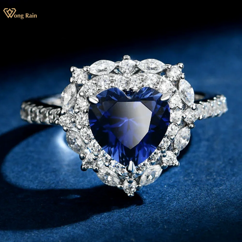 

Wong Rain 925 Sterling Silver Heart Cut 8*8 MM Sapphire High Carbon Diamond Gemstone Wedding Engagement Rings Fine Jewelry Gifts