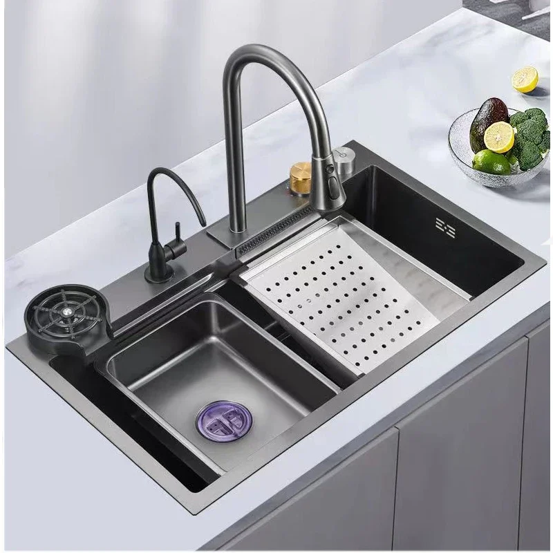 Full Whole Set Waterfall Kitchen Sink 304 Stainless Steel Big Single Bowl Dish Rack Mount Brushed Grey  Design 5 Year