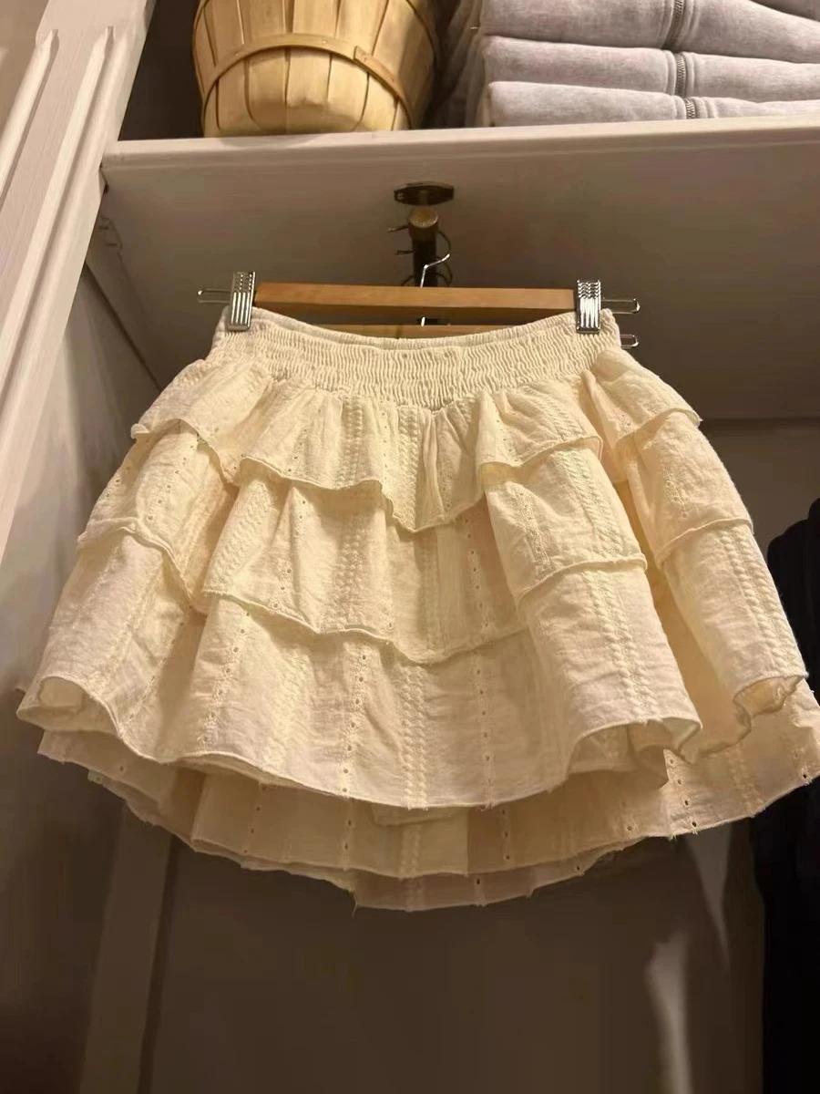 Vintage Hollow Out Beige Mini Skirts Summer Elastic High Waist A-line Short Faldas Women Solid Ruffles Sweet Balletcore Skirts