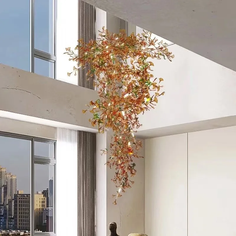 

Nordic Ginkgo Leaf Glass Chandelier Staircase Lighting Brass Green Brown Blue Dimmable Ceilings Lustre Design