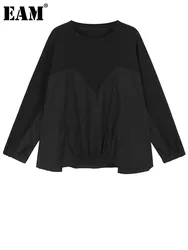 [EAM] Women Black Pleated Color-block Big Size T-shirt New Round Neck Long Sleeve Fashion Tide Spring Autumn 2024 1DH67880