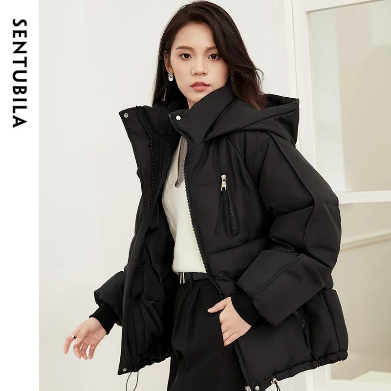 SENTUBILA Women\'s Thick Warm Winter Parkas Puffer Jackets 2024 Loose Fit Hooded Zipper Short Coat Female Outerwear W44M56773X