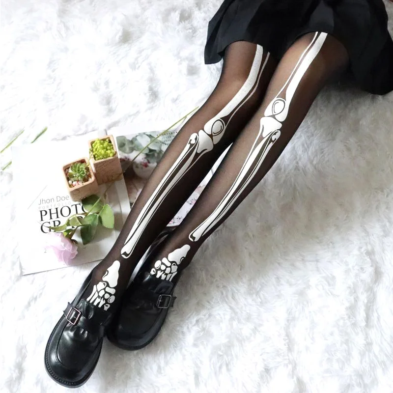 Halloween Black Skull Print Tights Stockings Sexy Women Pantyhose Leggings for Cosplay Club Party Harajuku Style Accessories