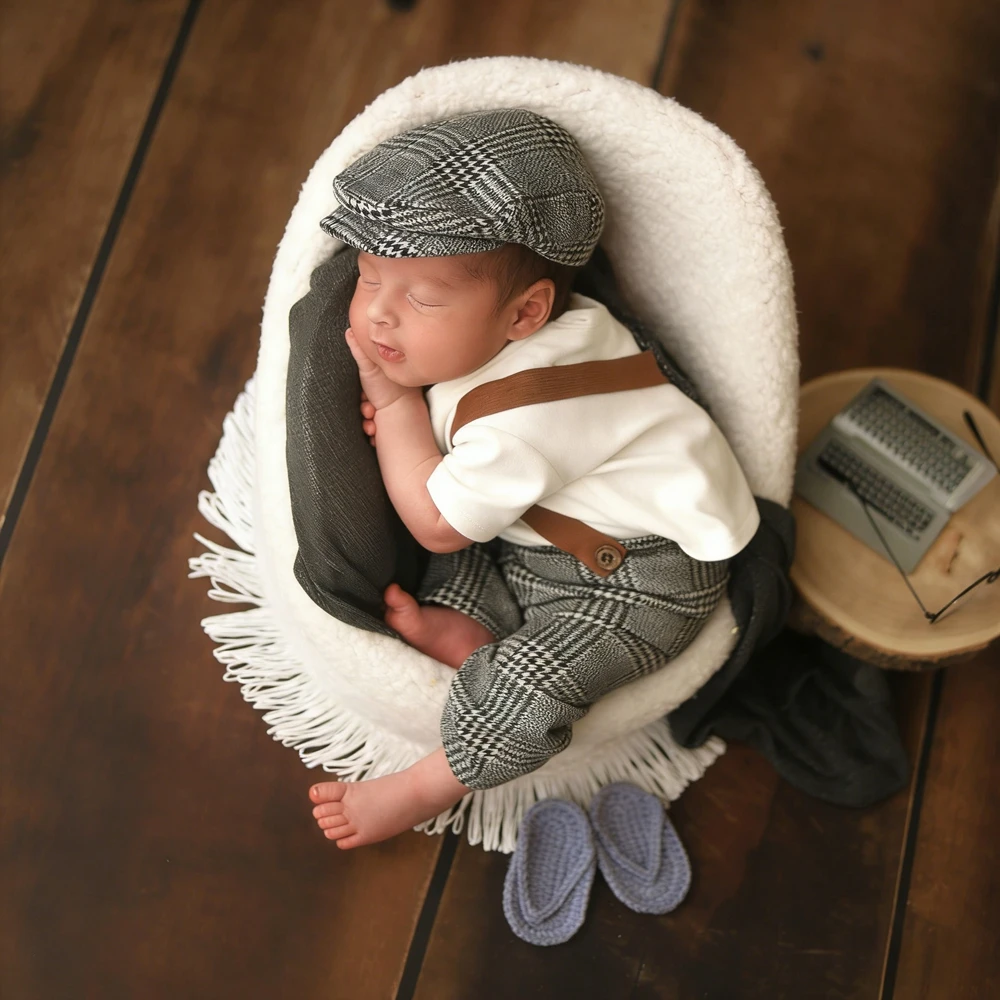 

Newborn Boy Photography Outfit Little Gentleman Plaid Suspenders Set Newborn Photo Shoot Outfit Plaid Hat Infant Props