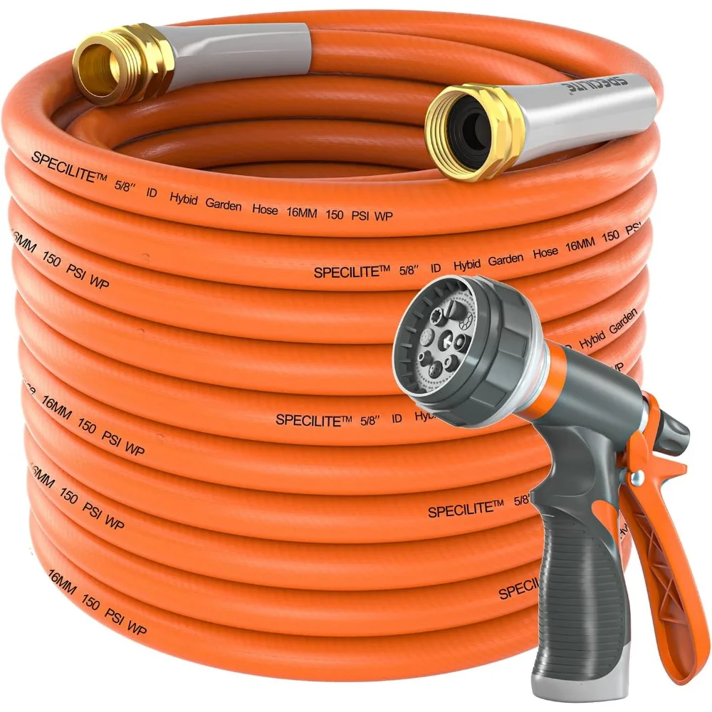 

SPECILITE Garden Hose 50 ft x 5/8 in Heavy Duty, Flexible and Lightweight Water Hose, Burst 600 psi, Kink-less Hybrid Rubber