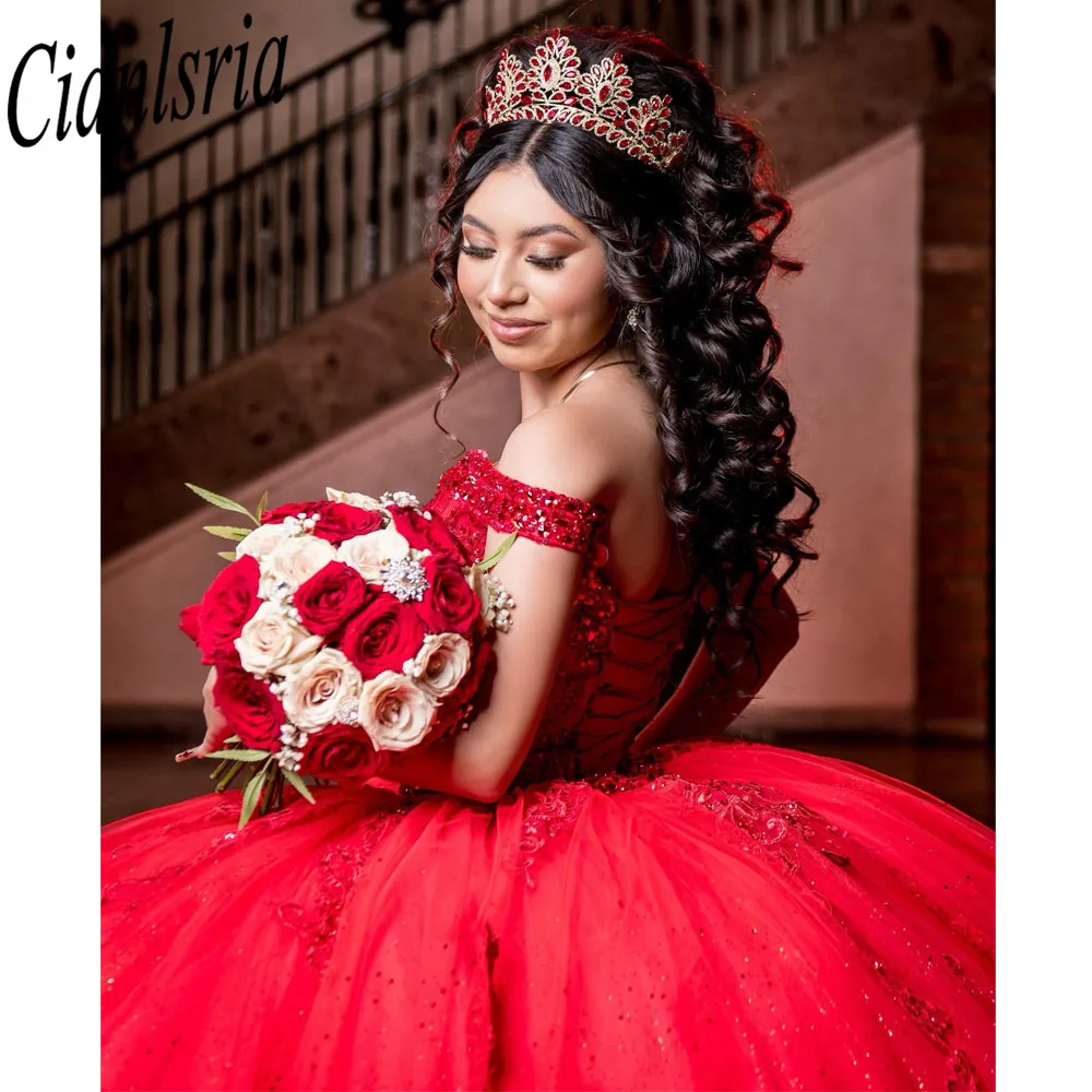 Vestido De baile De princesa con lentejuelas Rojas, quinceañera, hombros descubiertos, apliques De cristal 3dflower, vestidos De corsé De 15 Años