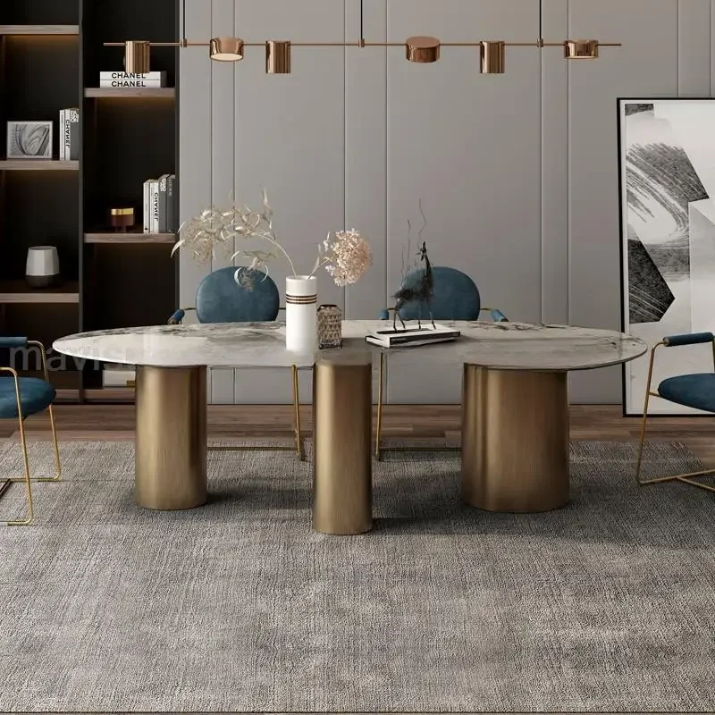 Oval Slate Dining Table and Chair Combination for Large Family Modern Minimalist Light Luxury Villa Kitchen Table 화장대 Furniture
