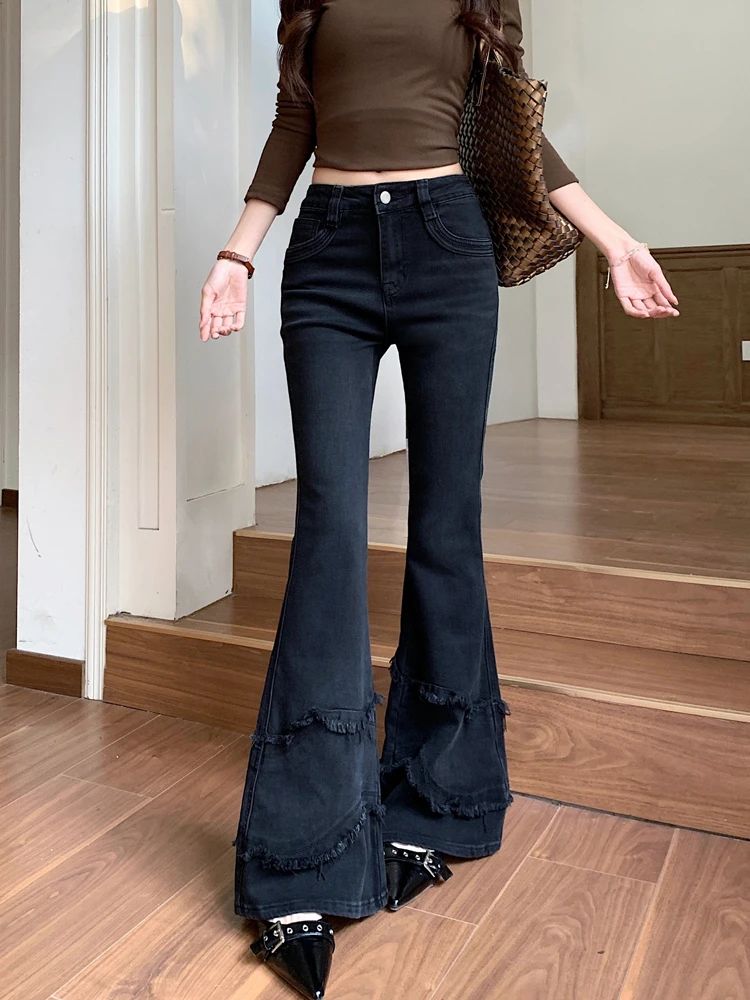 

High Waist Bell Bot Jeans Women's Spring 2026 New Sle Frayed Splicing Design Casual Loose Fit Medium Elastici