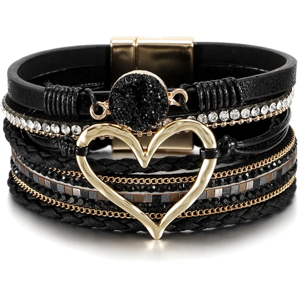 

Leopard Print Boho Leather Wrap Bracelet for Women Multi-Layer Pearl Crystal Bangle Jewelry