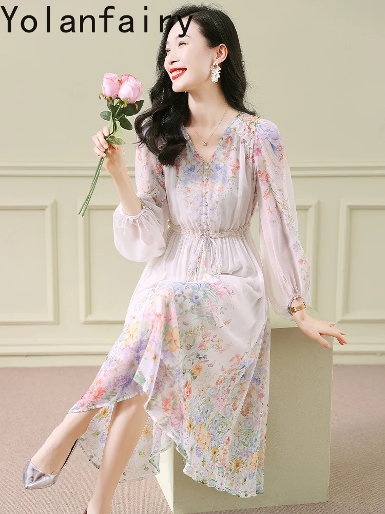 YOLANFAIRY ต้นฤดูใบไม้ร่วง 100%ธรรมชาติผ้าไหมหม่อนผู้หญิง 25 คุณภาพสูงดอกไม้หรูหราชุดแขนยาวชุดสตรี