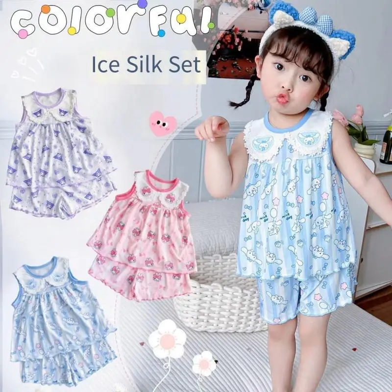 

Sanrio 2Pcs Kuromi New Style Children's Cinnamoroll Vest Out My Melody Shorts Baby Kawaii Ice Silk Doll Collar Home Clothes Cool