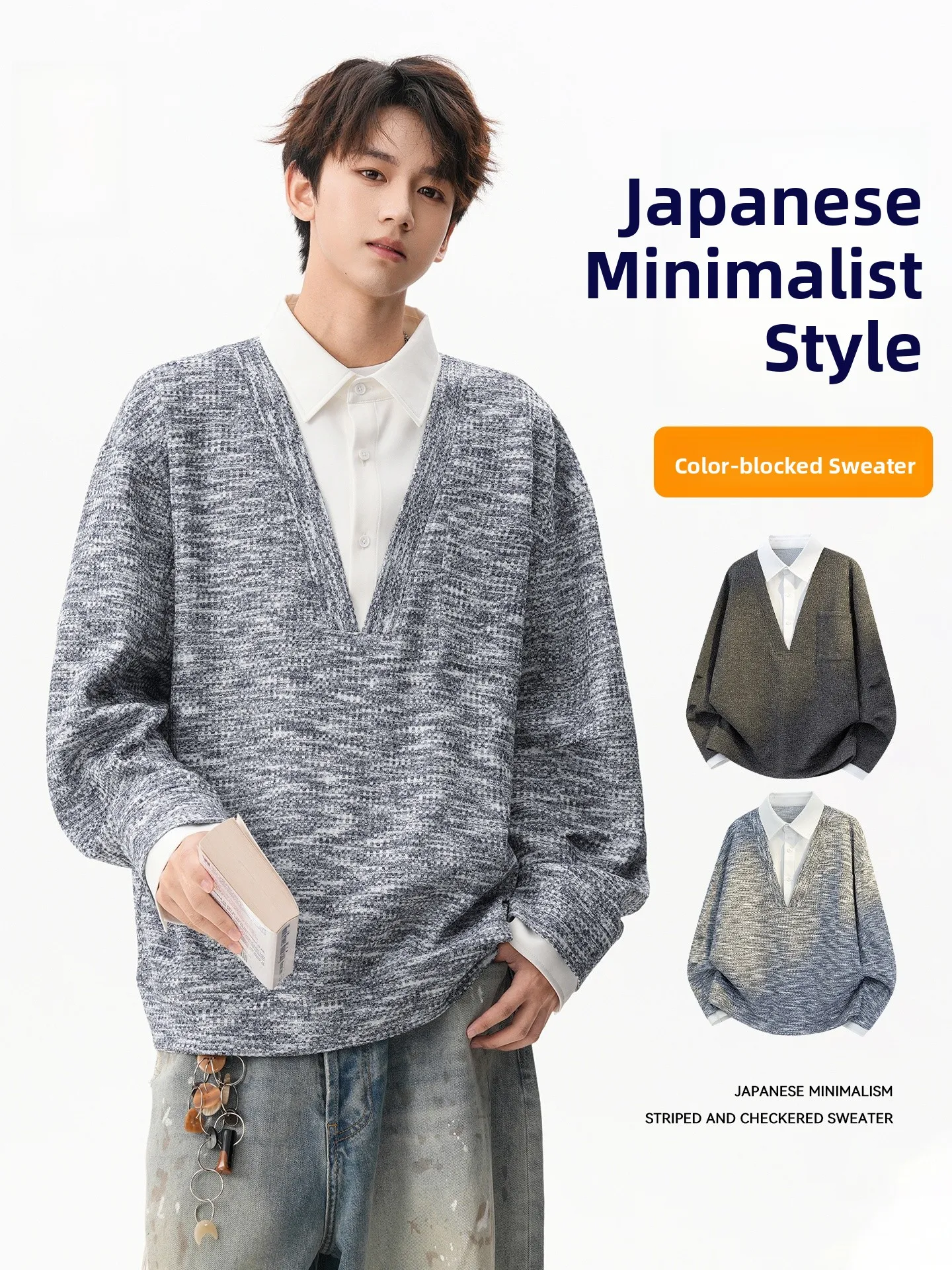 

Casual Loose Knitted Sweater Fake Two-Piece Men's irt Collar Autumn Winter Leisure Top Polyester Fiber Youth Full-Overhead