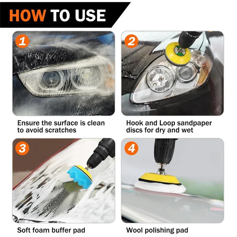 

PORK-Complete 133-Piece Sanding Disc Drill Kit For Wet And Dry Headlight Polishing, Includes 3 Inch Pads
