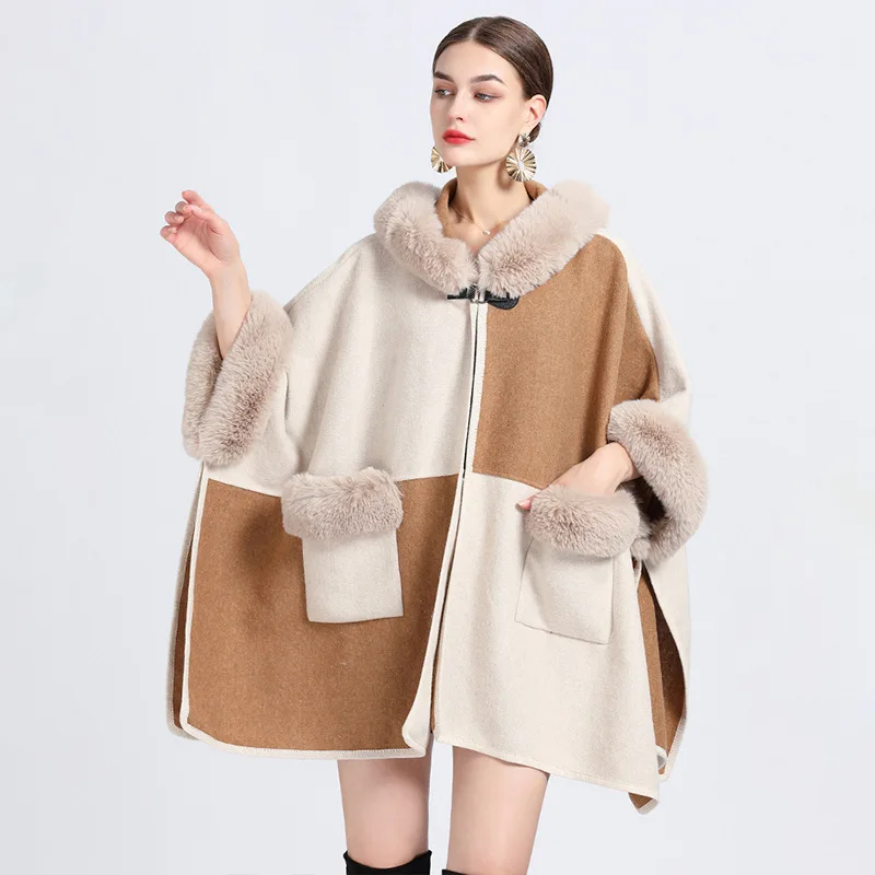 Women Rex Rabbit Faux Fur Shawl Lady Cashmere Feel Woolen Coat Winter Elegant Hoodie Wrap Luxury Warm Overcoat Cloak with Pocket