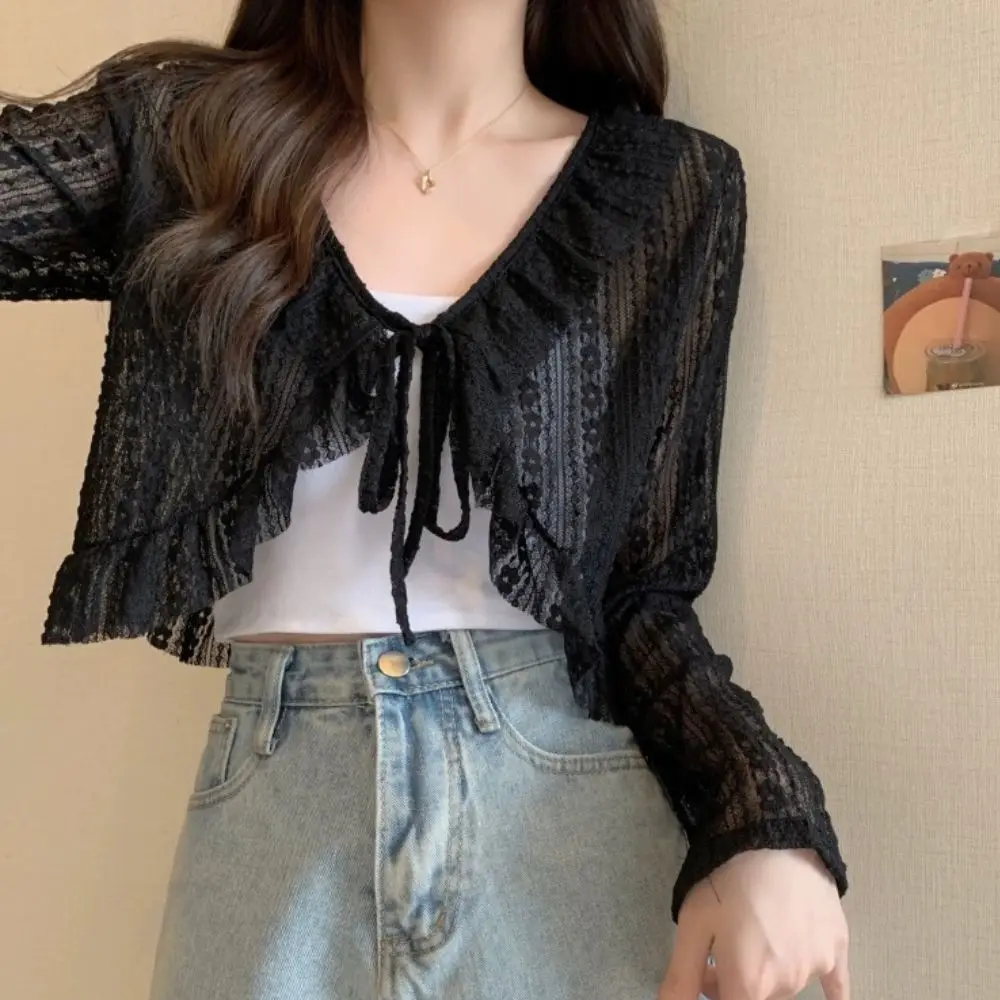 Summer Women Thin Sunscreen Cardigan Lace-up Knitwear Tops Female Korean Style Short Coat Casual Sun Protected Mesh Crop Tops