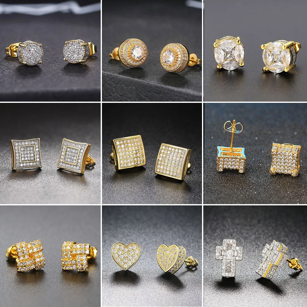 Rock Hip Hop Iced Out Stud Earring for Men Male Ice Studded Zircon Gold Color Piercing Ear Accessories Hiphop Trend Jewelry