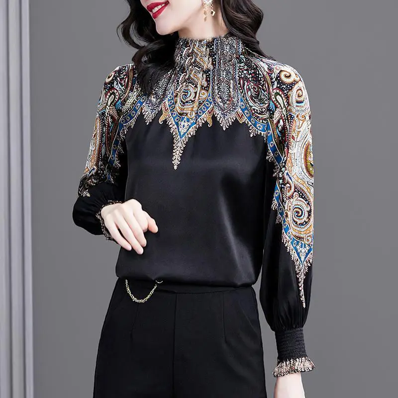 Chinese Style Pattern Printing Imitation Silk Black Patchwork Ladies T-Shirts Embroidery Luxury Lantern Sleeve Turtleneck 4XL