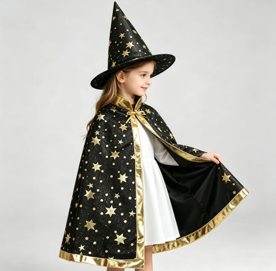 Kid Halloween Multicolored Sparkly Star Satin Witch Cloak Witch With Hat Set For Holiday Masquerade Party Role Play Fashion Wear