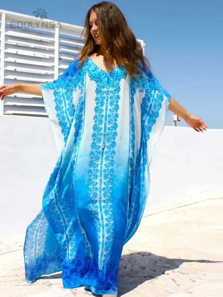 Blue Kaftan Causal Printed Sexy V Neck 2024 Summer Women Beach Wear Cotton Tunic Oversize Bat sleeve Maxi Dresses Q774