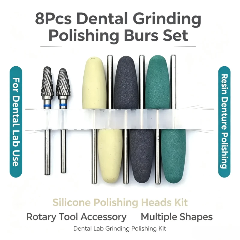 8Pcs Dental Grinding Polishing Burs Set Rotary Tool Polishing Heads for Dental Lab Resin Denture Work