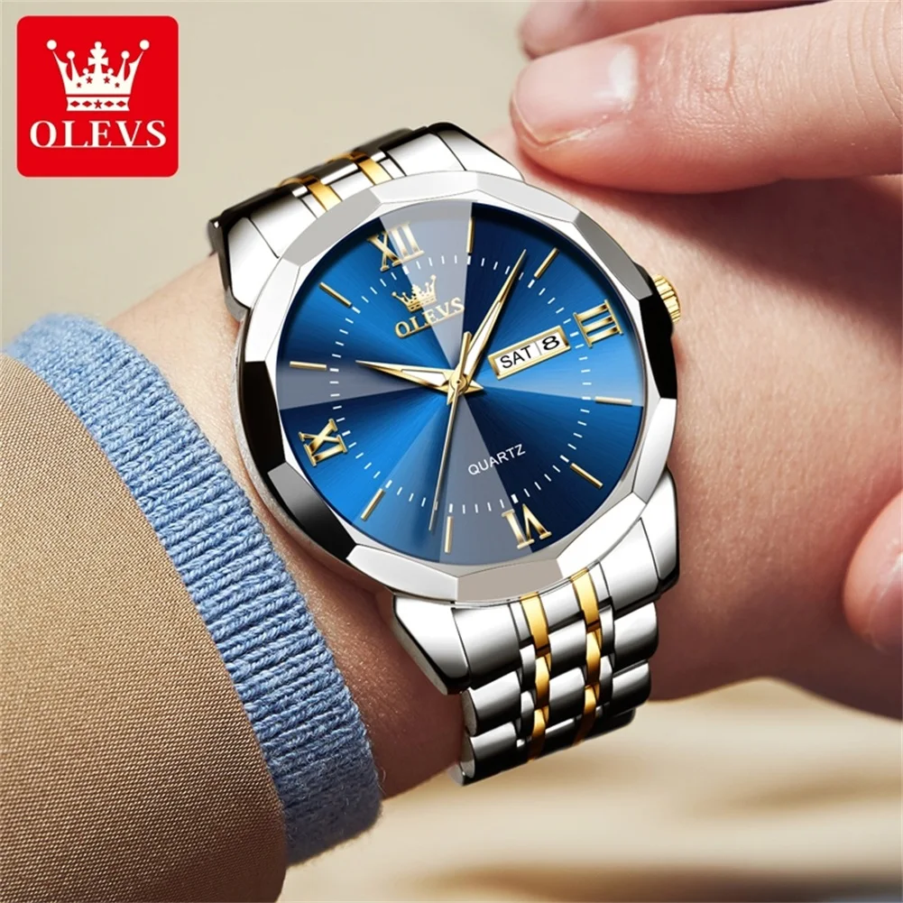 OLEVS 9989 Brand Quartz Watch Diamond Coating Dual Calendar Window 30m Waterproof Luminous Function Precision Steel Watch