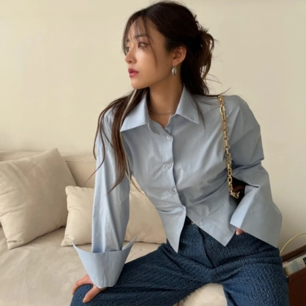 

Short Women Belt Tied Blouse Shirt Back Korean Y2K Style Long Sleeve Shirts V-neck Streetwear Belt Tied Slim Shirts Travel