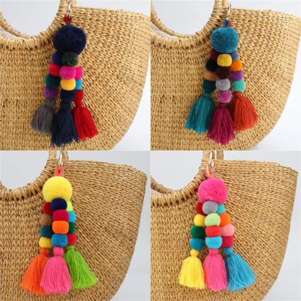 1pc  Bohemian Accessories Handmade Keychain Beads Chain Pompom Hand Bag Hanging Key Chains For New Year Gift