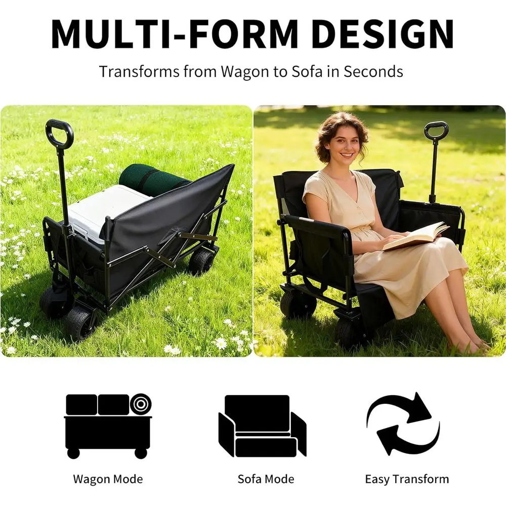 Folding Utility Wagon with 300L Capacity, 330LBS Load Bearing, Adjustable Handle for Outdoor Activities, Beach, Camping, and Sho