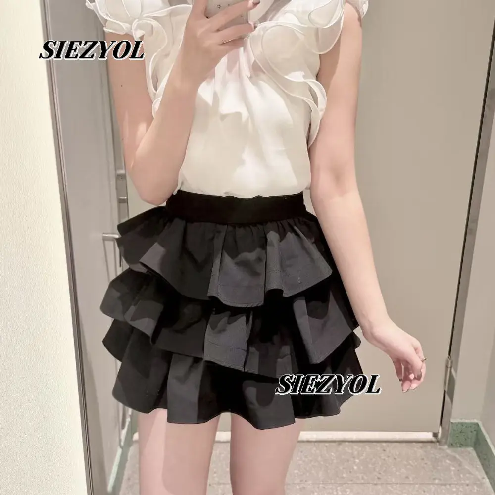 Summer New Sweet Layer Ruffle Cake Short Skirt Cute Girl Versatile Fashion High Waist Black and White Mini Culottes Skirts