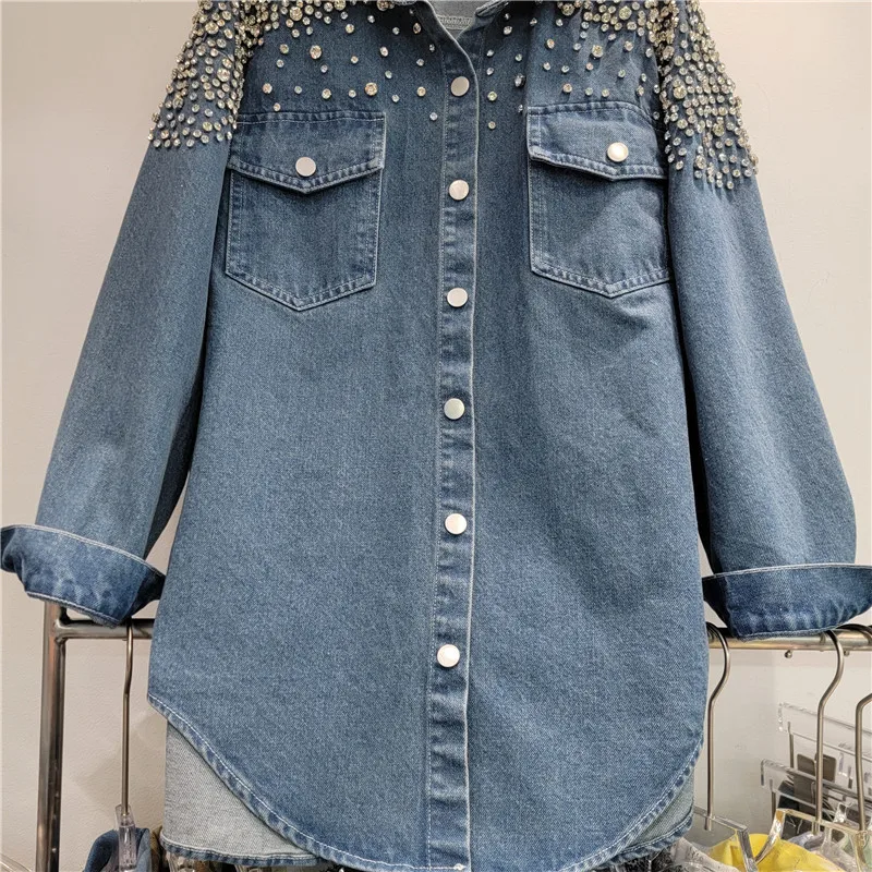 DEAT Women\'s Denim Blouse Full Diamonds Single Breasted Long Sleeve Double Pockets Female Coat 2024 Autumn New Fashion 29L7920