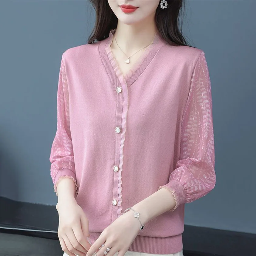 2023 New Spring Autumn Knitted Tops Middle-Aged Elderly Women\'s Blouse T-Shirt Female Chiffon Sleeve Elegant Bottoming Shirt