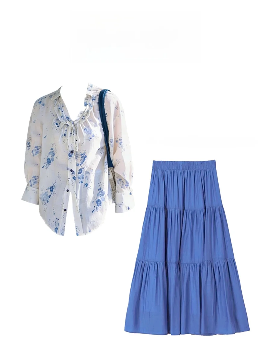 VASI STUDIO - Camisa de Verano de Estilo Casual con Falda Drapeada, Elegante, para Vacaciones, Manga Larga, Cuello Redondo, F...