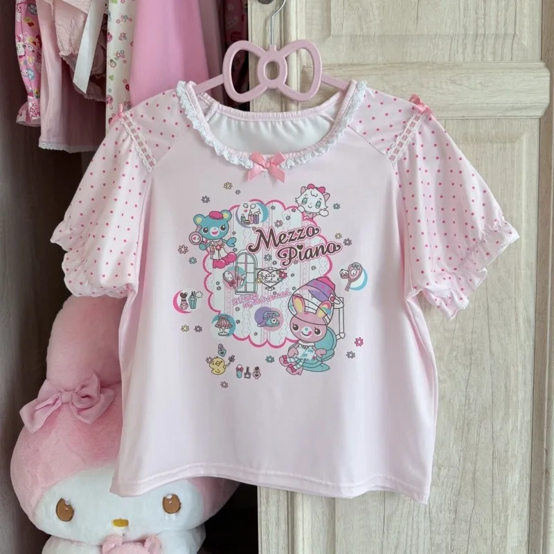 HOUZHOU Pink Kawaii Letter Juminocore T-Shirts Women Y2k Cutecore Lace Ruffles Short Sleeve Crop Tees Japanese Style Sweet Slim