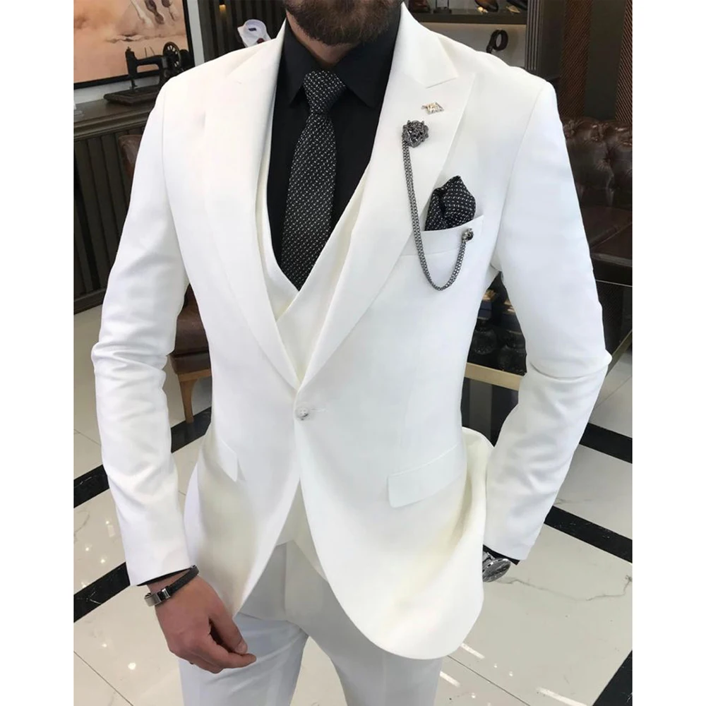 

2023 White Wedding Suits For Men Slim Fit Peak Lapel 3 Pieces Formal Groomsmen Wedding Tuxedos Blazer+Vest+Pants Costume Homme