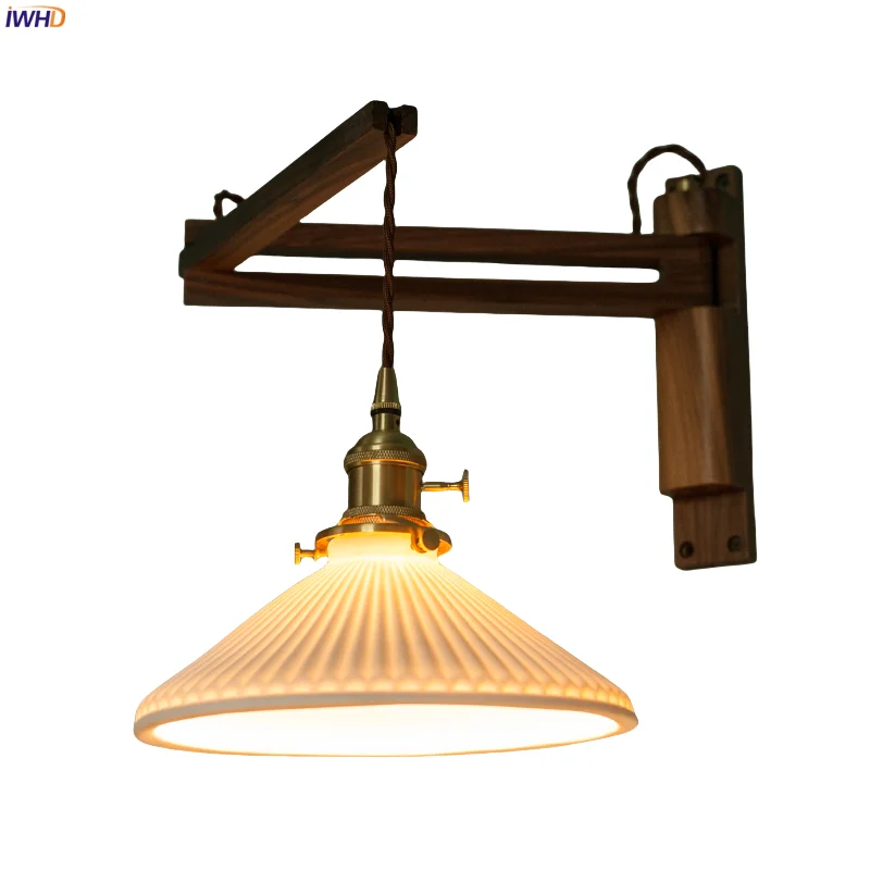 

IWHD Nordic Ceramic LED Wall Light Fixtures Stretchable Folding Walnut Wood Bedroom Bathroom Mirror Loft Bedside Lamp Wandlamp