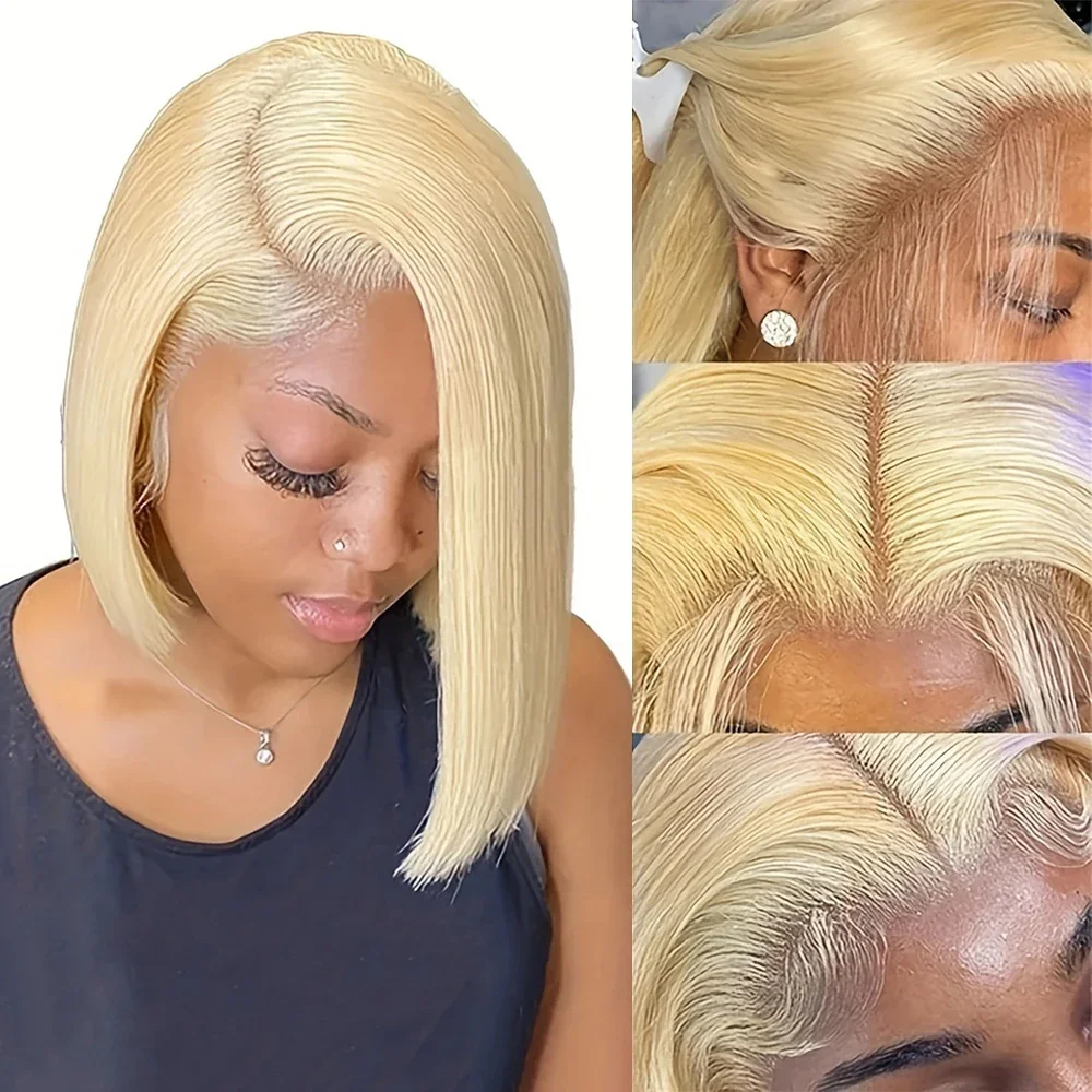 200 Density 613 Blonde Short Bob Human Hair Lace Front Wigs For Women 13x6 HD Transparent Straight Lace Frontal Wigs 8-14 Inch image 4