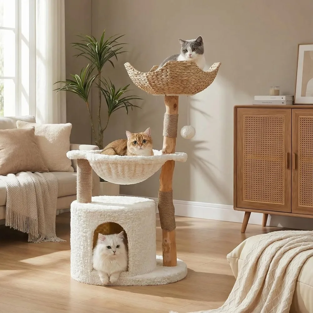 

Modern Cat Tree for Large Cats, Wood Cat Tower for Indoor Cats, Real Branch Luxury Cat Furniture with Super Large, Customized