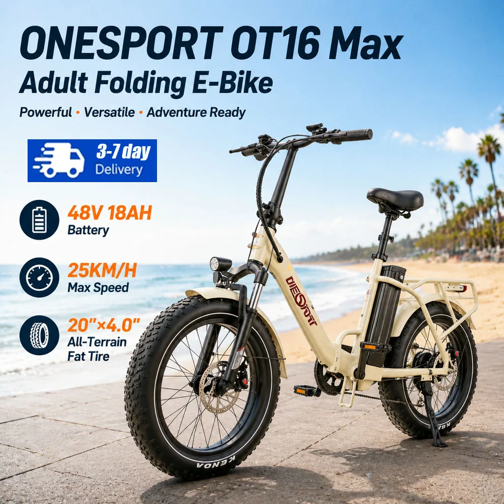 ONESPORT OT16 Max Faltbares E-Bike für Erwachsene, 48V18AH herausnehmbarer Akku, 25 km/h Höchstgeschwindigkeit, 20"×4.0" All-Terrain-Fat-Reifen, Vorderradgabel-Federung, hydraulische Scheibenbremsen,