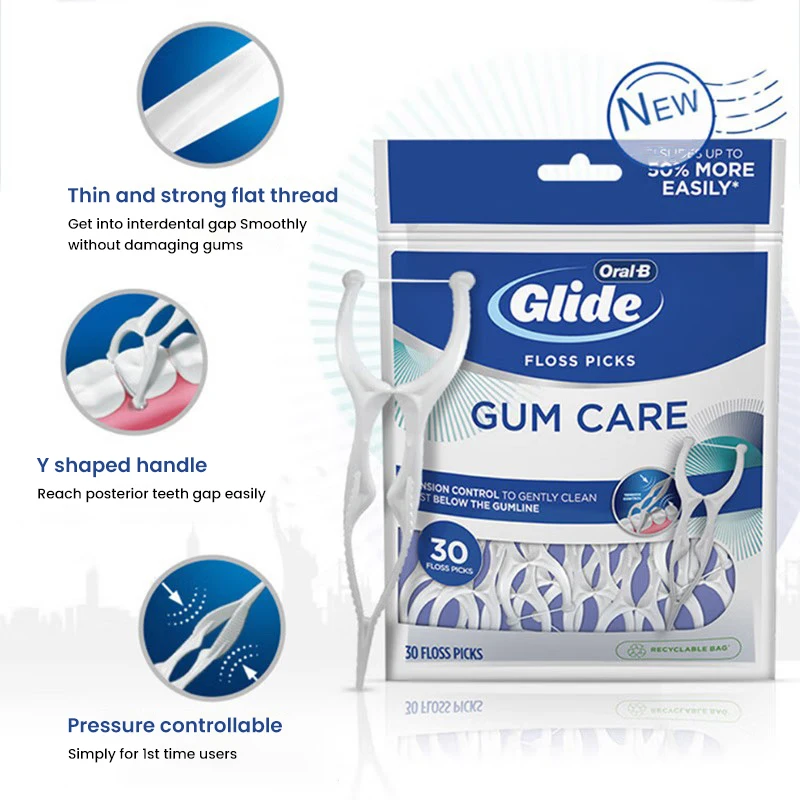 Oral B Glide Y-shaped 3D Gum Care Floss Picks Flat Floss Adjustable Tension Deep Clean Back Molars Interdental Cleaner 30 Counts