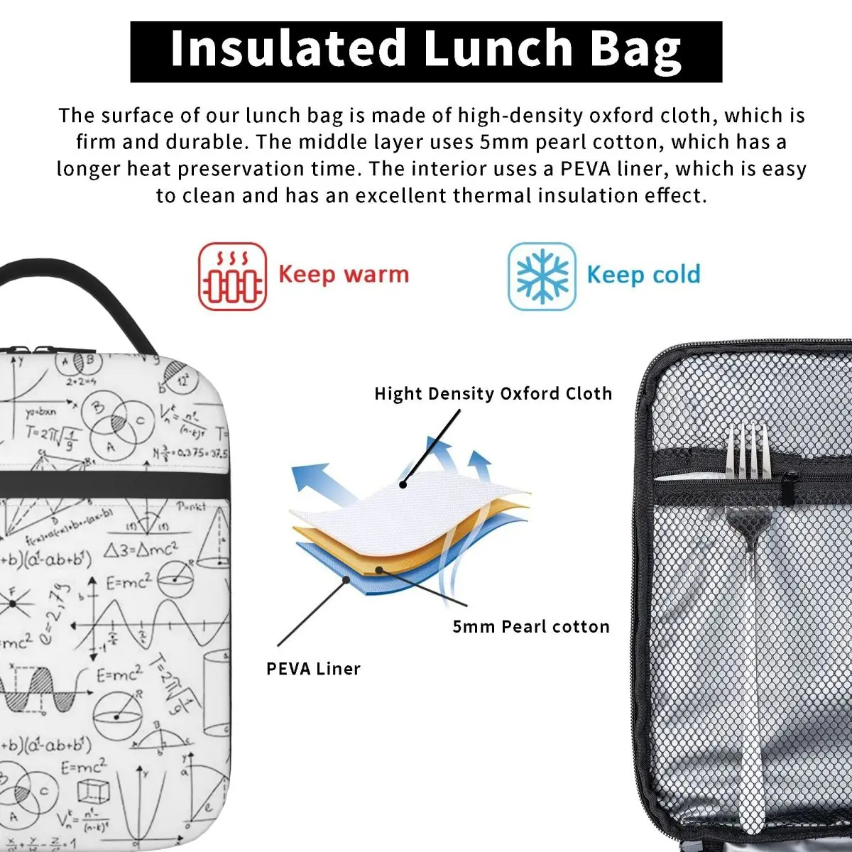 Mathematics Formulas Math Numbers Insulated Lunch Bag for Women Kids Leakproof Food Boxes Thermal Lunch Box Tote